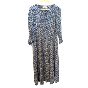 ADINI Vintage Floral Long Sleeve Dress Medium Blue Cream